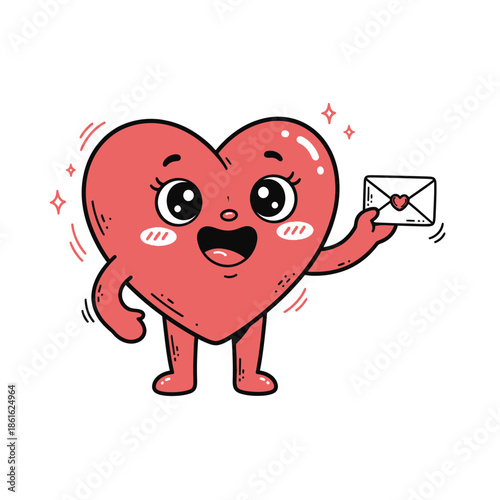 A cute cartoon red heart character with a happy face holding a love letter envelope.