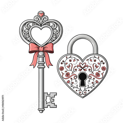 Ornate silver key with pink ribbon and matching heart-shaped padlock with floral patterns, symbolizing love and romance.