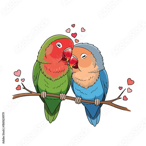Two colorful lovebirds perched on a branch, with hearts floating around them, symbolizing love and affection in a charming illustration.