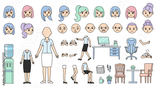 Paper doll office worker character set