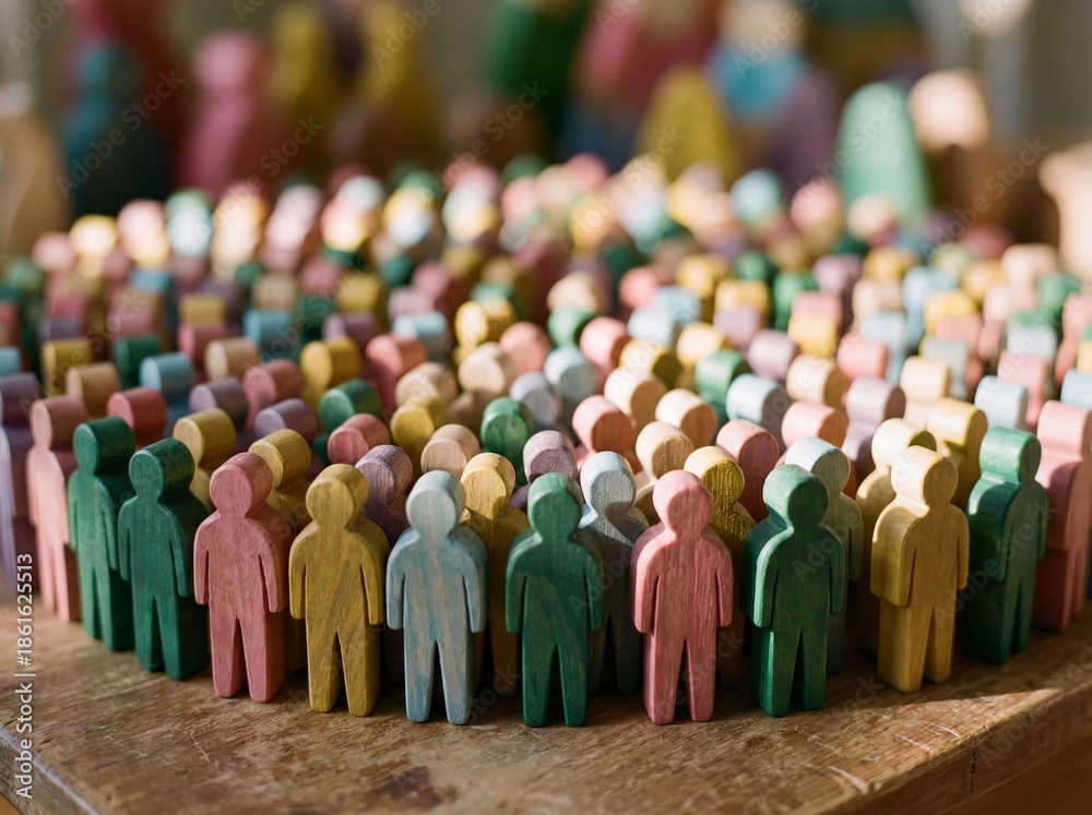 Fototapeta premium Diverse crowd of colorful wooden people figures standing closely together in a large group