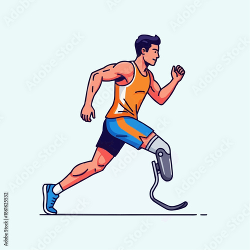 A man with a prosthetic leg is running with determination and strength