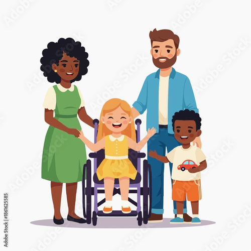 A diverse family with a child in a wheelchair smiling together