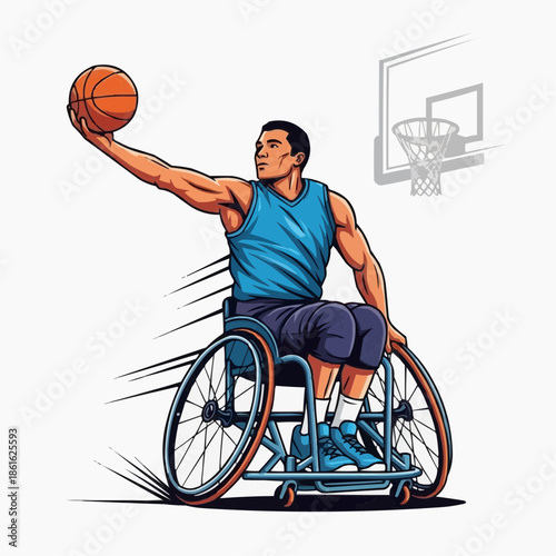 A man in a wheelchair throwing a basketball with motion lines