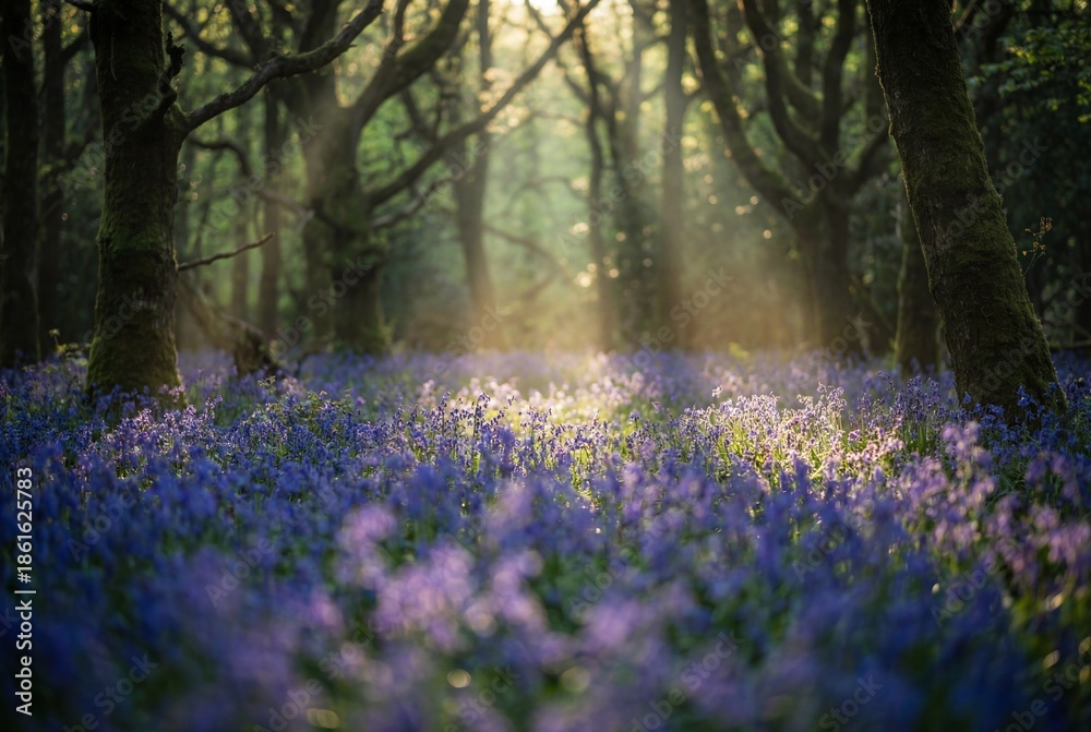 Obraz premium Sun rays filter through mossy trees onto a field of wild bluebells blooming in a peaceful spring wood