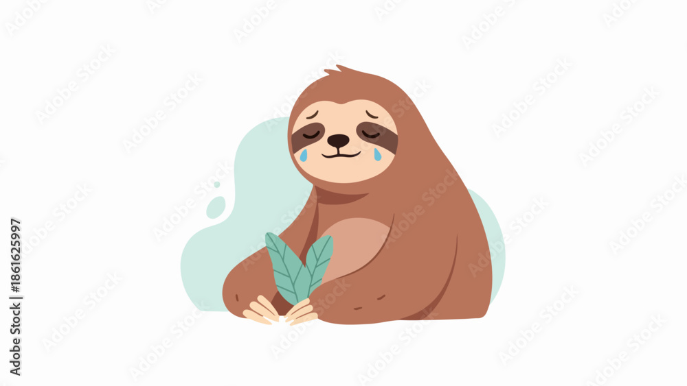 Naklejka premium Relaxed sloth illustration with green leaf on light blue background