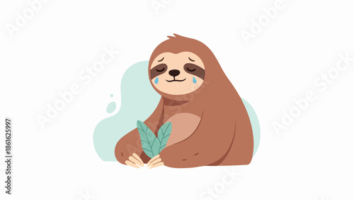 Relaxed sloth illustration with green leaf on light blue background