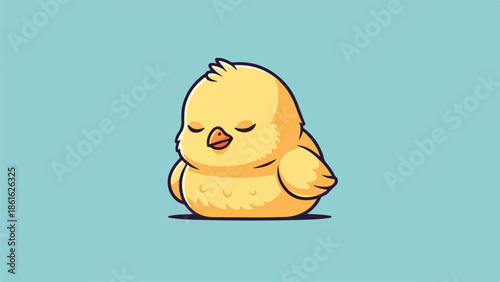 Single yellow chick resting on light blue background in minimalist illustration