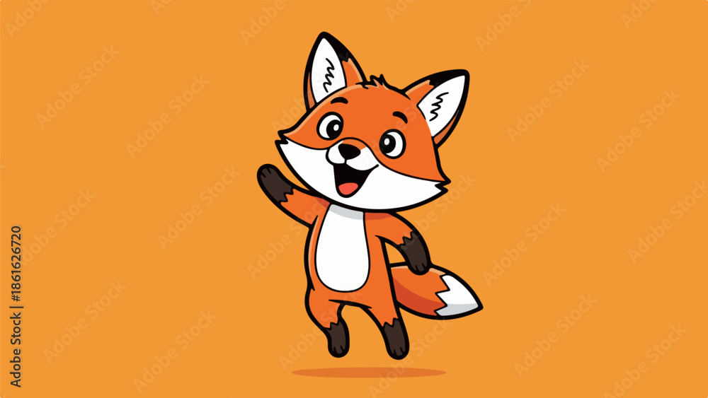 Obraz premium Lively cartoon fox with orange and white fur waving on solid orange background