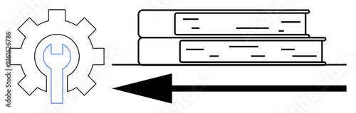 Technology and knowledge concept. Gear with wrench technical processes while books knowledge. Technology blends with learning and innovation. For tech, education, automation, process improvement