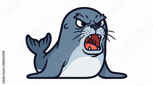 Cartoon-style seal in dynamic action pose with sharp teeth and aggressive expression