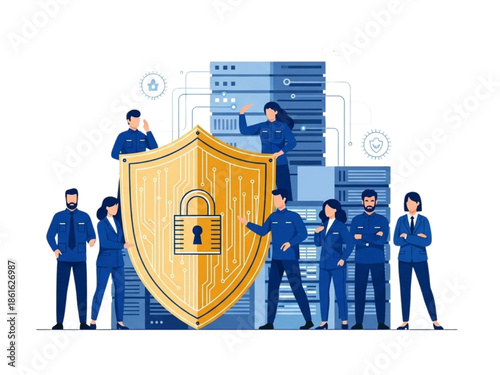 Cybersecurity Team Protecting Data Center Servers with Shield and Padlock, Network Security and Privacy Protection, Secure Database, IT Infrastructure Defense Flat Vector Illustration