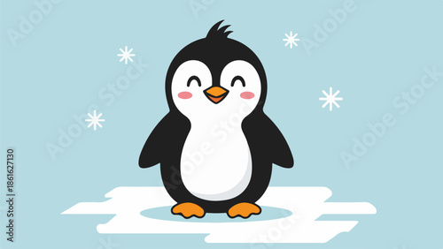 Playful penguin standing on a tilted ice floe with a light blue gradient background