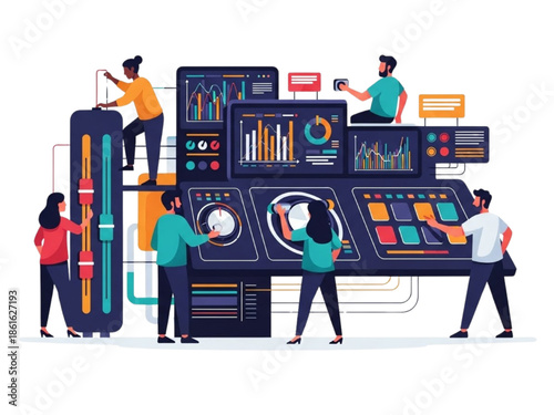 Tech team monitoring complex digital dashboard panel with data charts. System administration, analytics optimization, and control center operations flat vector illustration.
