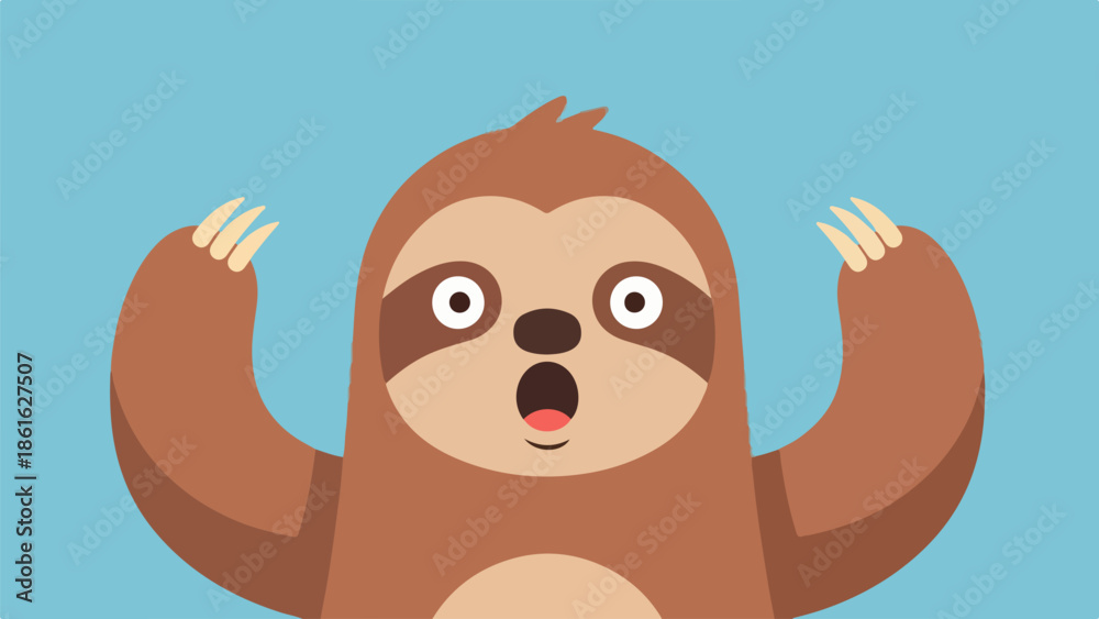 Obraz premium Cheerful cartoon sloth illustration with raised arms on light blue background
