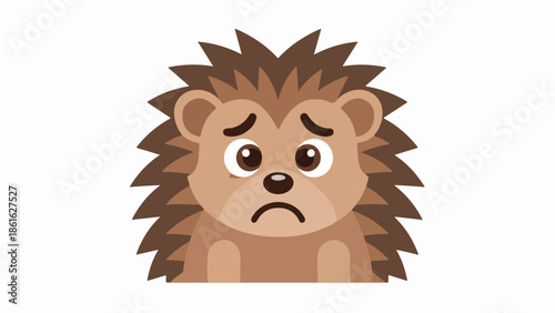 Cartoon hedgehog with melancholic expression on light beige background