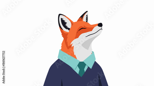 Cartoon fox wearing a suit and tie, attentive pose, minimalist background