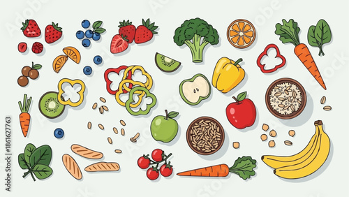 Assortment of fresh fruits and vegetables arranged on a white background.