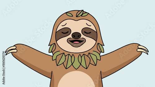 Hand-drawn illustration of a light brown sloth with green leaves in its fur on a light beige background