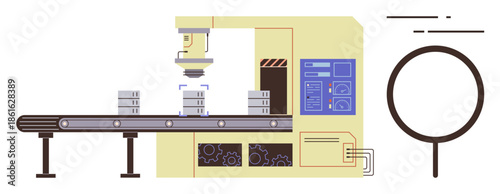 Robotic arm scanning items on a conveyor near a digital control panel, magnifier emphasizing inspection. Ideal for quality assurance, automation, manufacturing, robotics, technology, production