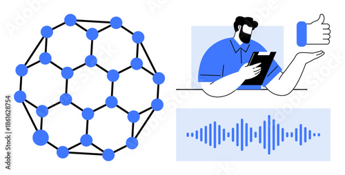 Technology, data science, communication, decision-making, innovation, interconnected systems. A geometric network, a person reviewing a tablet a thumbs-up gesture and sound waves. Technology