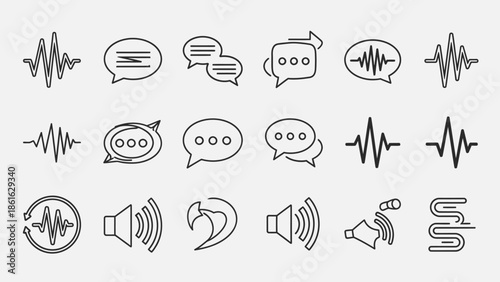 Collection of black and white line icons representing sound waves, speech bubbles, and audio communication concepts.