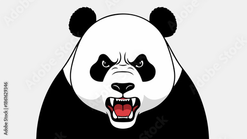 Close-up portrait of a panda with red tongue and bared teeth in bold cartoon style