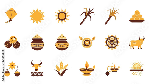 Collection of flat design icons representing various elements and traditions of Indian harvest festivals like Pongal and Makar Sankranti, including sun, kites, sweets, pots, cattle, and lamps.