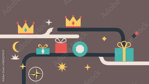 Abstract illustration of a winding path adorned with crowns, gift boxes, stars, and celestial elements, symbolizing achievement and celebration.