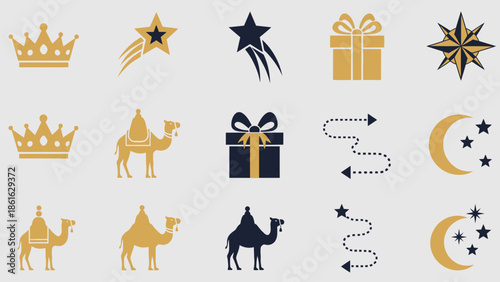 A collection of Epiphany-themed icons featuring crowns, stars, gift boxes, camels with riders, dotted paths, and moons with stars in gold and dark blue.