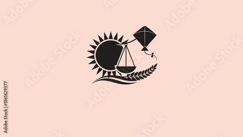 A black silhouette logo featuring a sun, weighing scales, a flying kite with a person, and wheat stalks on a light pink background.