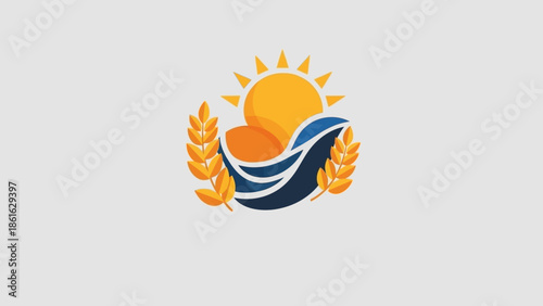 A vibrant logo featuring a golden sun, blue waves, and two stalks of wheat, symbolizing agriculture, nature, and prosperity.