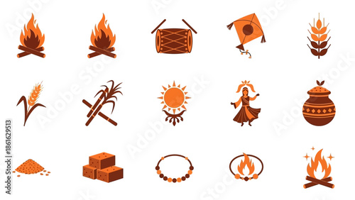 Collection of traditional Indian harvest festival icons including bonfires, kites, drums, wheat, sugarcane, sun, and dancing figures.