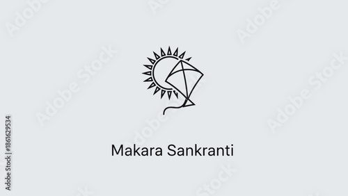 Minimalist line art illustration for Makara Sankranti, featuring a sun and a kite, with the festival name displayed below.