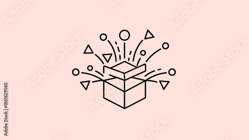 Minimalist line art illustration of an open gift box with geometric shapes bursting out, symbolizing surprise, celebration, or a special event on a light pink background.
