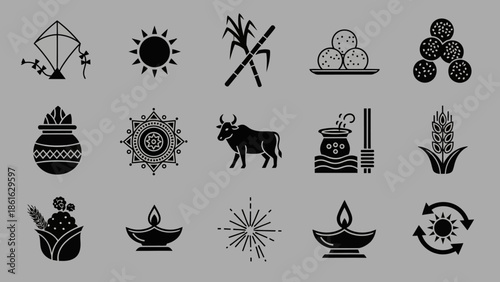 A collection of black and white icons representing various elements of Indian harvest festivals and cultural celebrations, including kites, sun, sugarcane, sweets, pots, cattle, lamps, and crops.