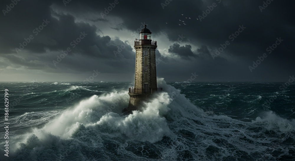 Fototapeta premium Dramatic Stormy Sea Waves Crash Around Isolated Lighthouse Coastal Landmark Photography