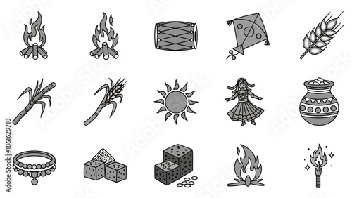 A collection of monochrome icons representing various elements of Indian harvest festivals, including bonfires, kites, drums, sugarcane, wheat, sun, traditional dancers, and jaggery.