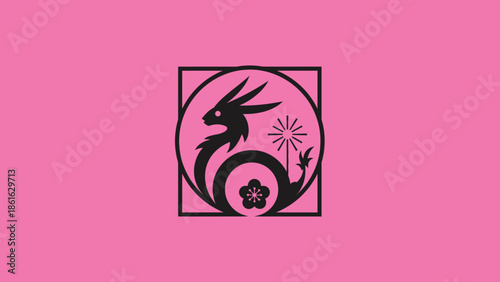 Stylized black dragon emblem with a plum blossom and starburst plant inside a circular and square frame on a vibrant pink background.
