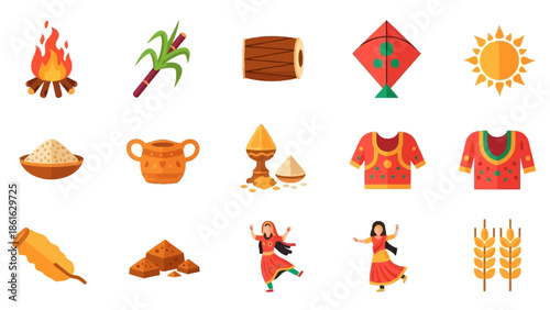 Collection of flat icons representing Indian harvest festivals and cultural traditions, including bonfire, sugarcane, kites, traditional attire, and dancing figures.