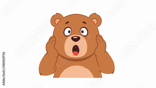 Cartoon bear with surprised expression, brown fur, light beige background