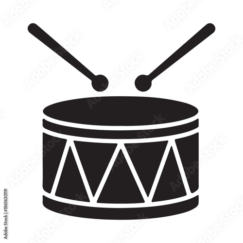 Black and White Drum Icon with Drumsticks