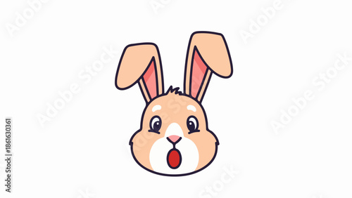 Playful cartoon-style illustration of a rabbit's head with light brown fur, black eyes, and a red tongue