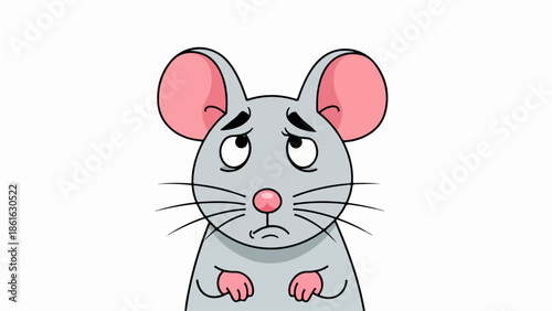 Close-up portrait of a gray mouse with pink ears and paws, disgruntled expression