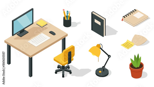 Isometric office supplies set with desk, chair, lamp, and stationery items