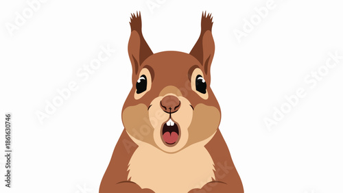 Playful cartoon squirrel illustration with large eyes and pink tongue on light brown background