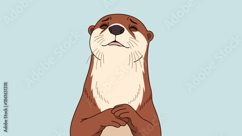 Cartoon otter illustration with brown and cream fur, closed eyes, and clasped paws on a light beige background