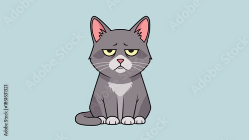 Gray cat with white chest patch and yellow eyes on light blue background