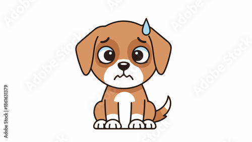Cartoon puppy with light brown coat and white chest patch sitting upright with expressive blue eyes and a tear