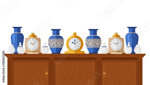 Elegant arrangement of ceramic vases and clocks on wooden cabinet